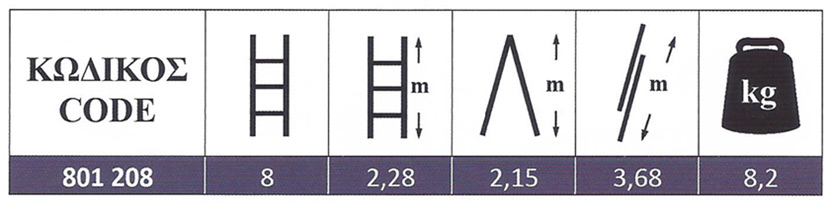 Σκάλα Αλουμινίου Πτυσσόμενη επαγγελματικής χρήσης δύο τεμαχίων ελαφρού τύπου 2x8 Profal 801208